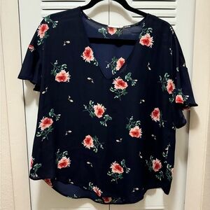 Navy Blue Floral VNeck Blouse